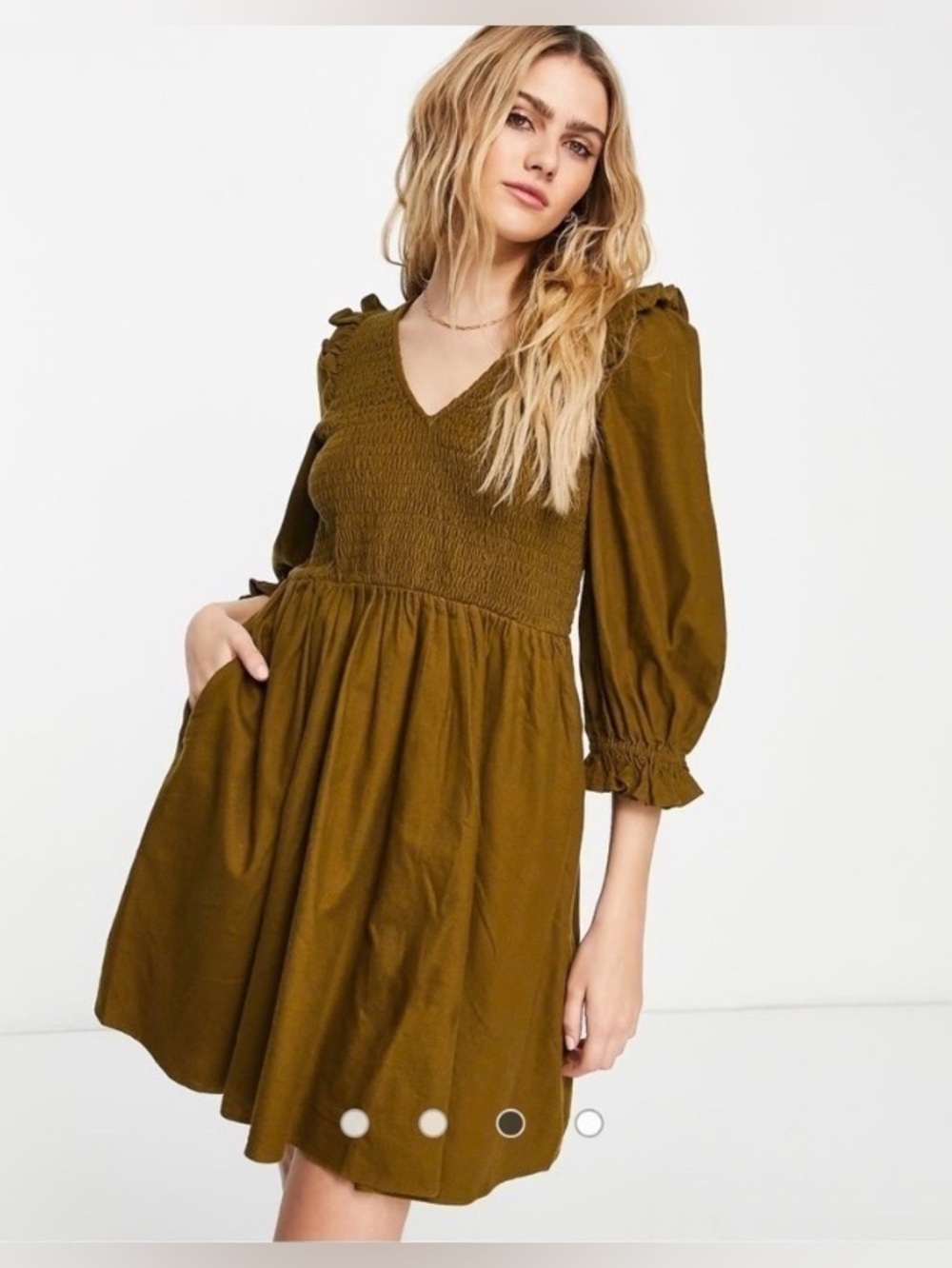 Madewell Weathered Olive Lucie Flannel V-Neck Smocked Mini Dress Extra Small